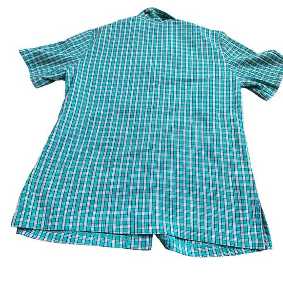  Vintage textured collared Checkered Short sleeveaqua button up size M - Picture 2 of 4